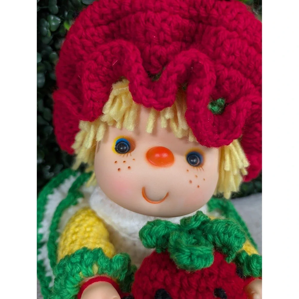 Handmade Crochet Strawberry Shortcake Inspired Doll Red Green Yellow Vinyl‎ Face